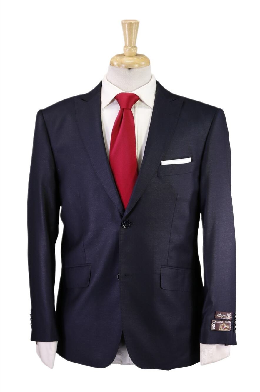 Gulliano Couture Navy Blue Sharkskin Super 180's Wool 2-Btn Peak Lapel Suit 38S